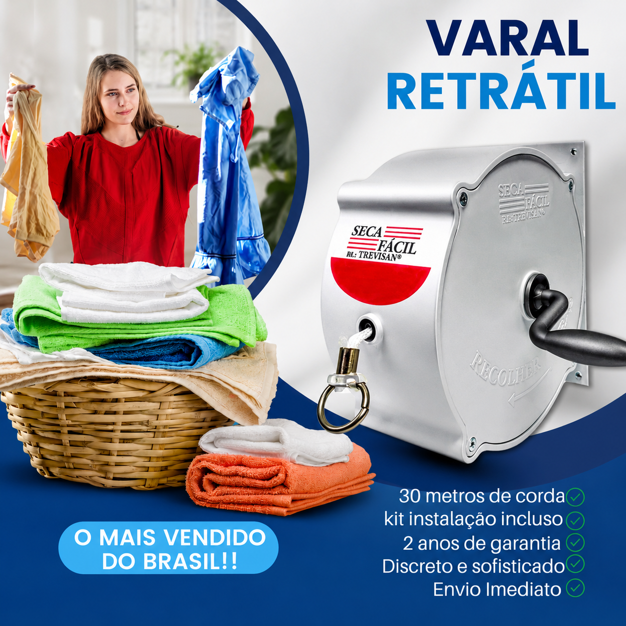 Varal Retratil Parede Recolhível Retrátil Roupa 30mt + Ganchos