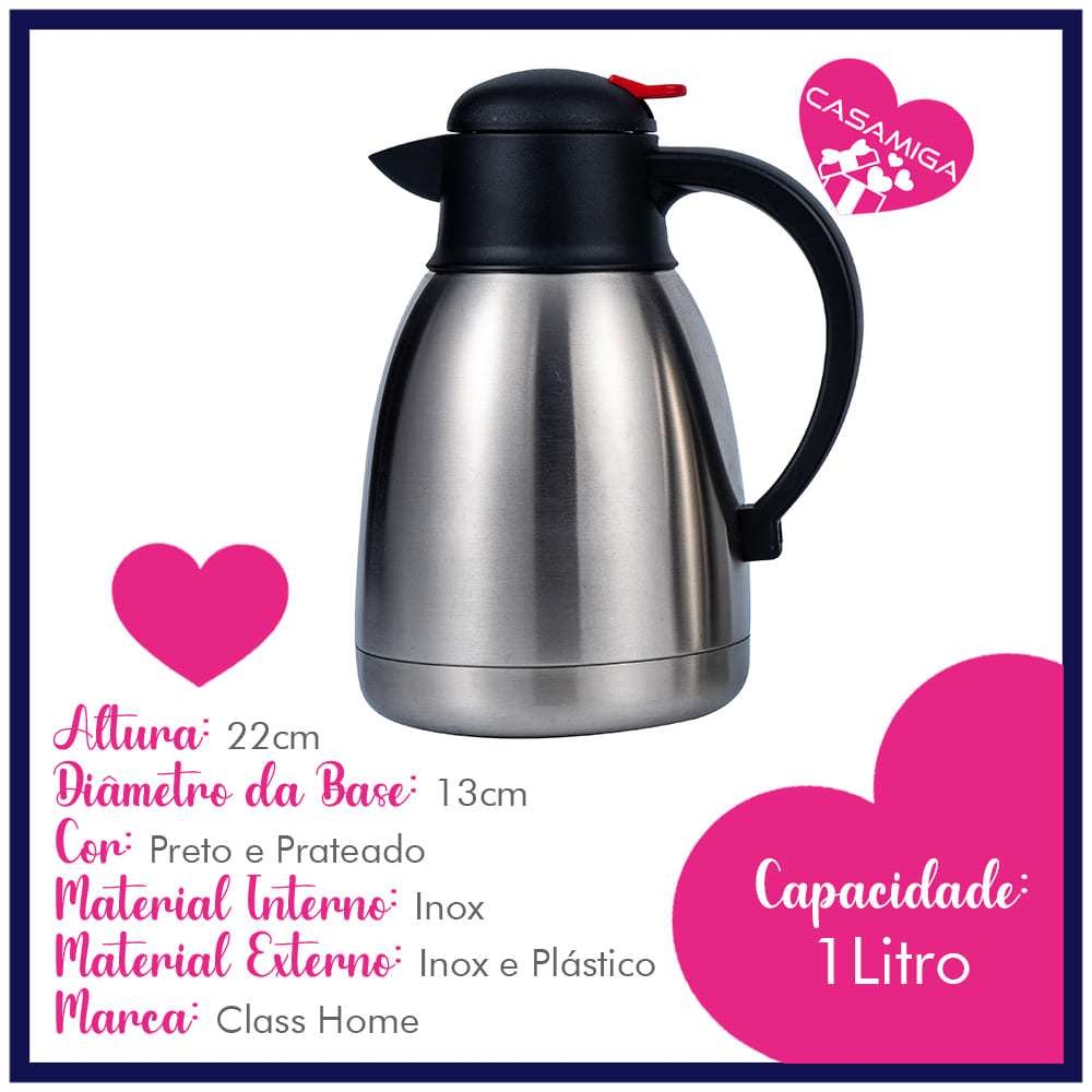 Garrafa Bule Parede Dupla Inox 1l Class Home