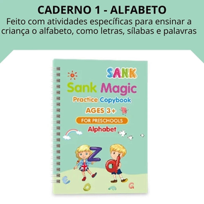 Caderno Livro Coleção Escreva e Apague + Caneta Caligrafia Mágica Reutilizavel Sank Magic