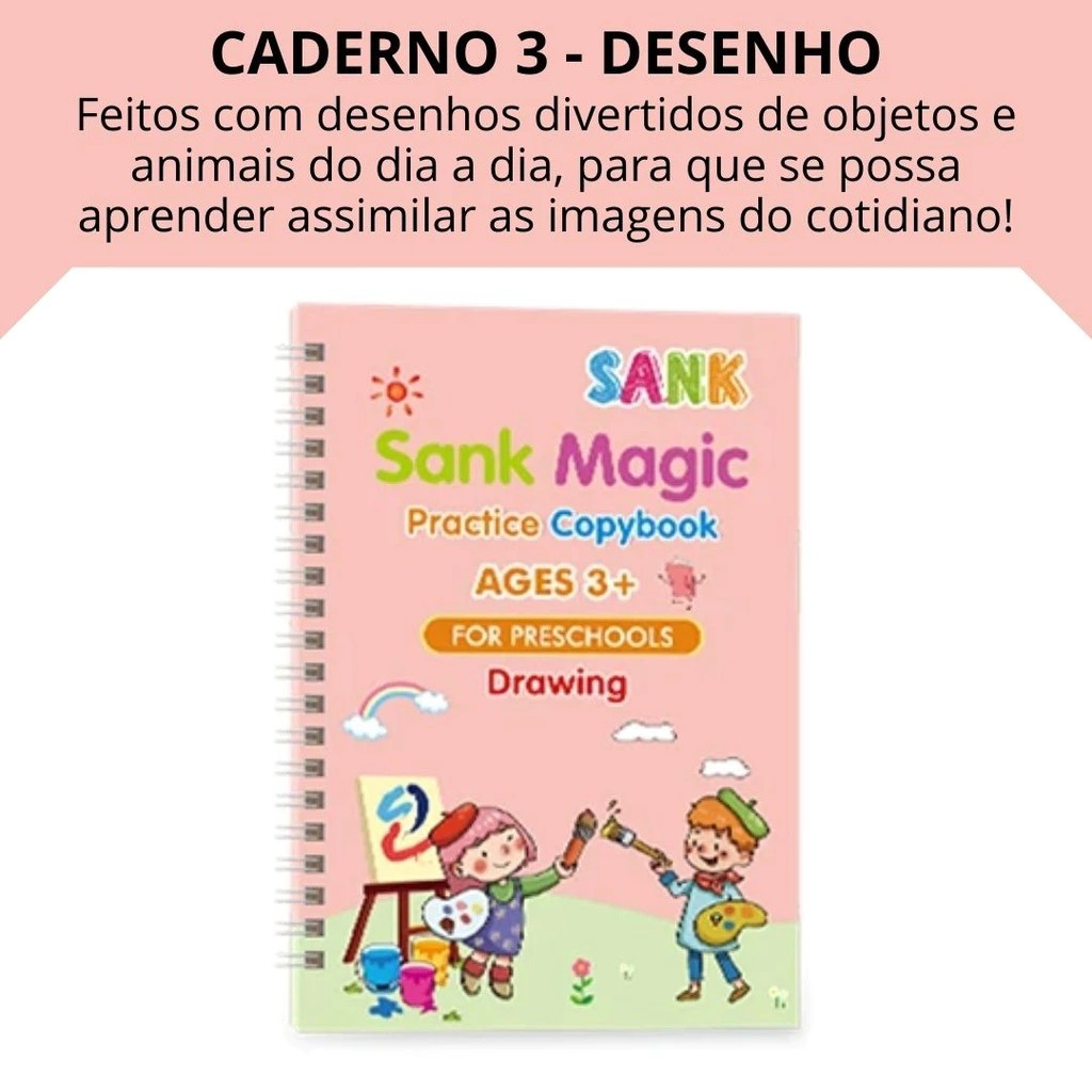 Caderno Livro Coleção Escreva e Apague + Caneta Caligrafia Mágica Reutilizavel Sank Magic