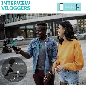 Microfone de Lapela Sem Fio Vlog Compatível Tipo C e iPhone