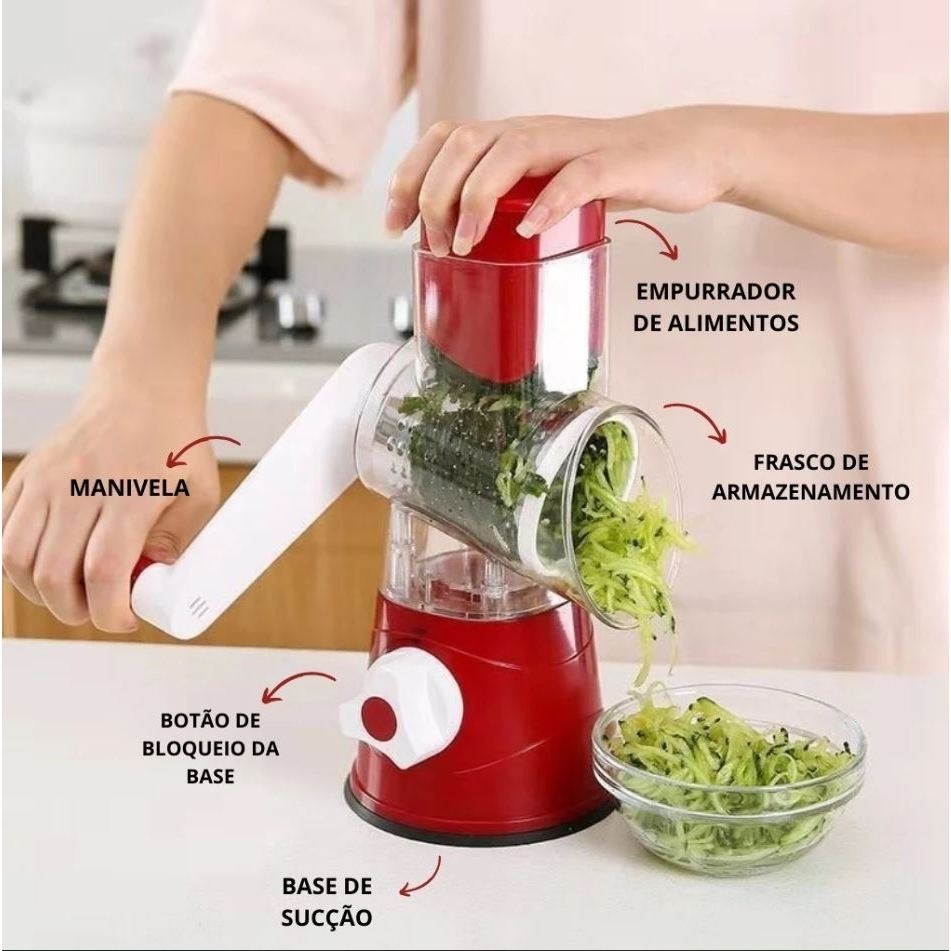 Fatiador e Ralador 3 em 1 com 3 Lâminas Inox para Legumes, Frutas e Queijos