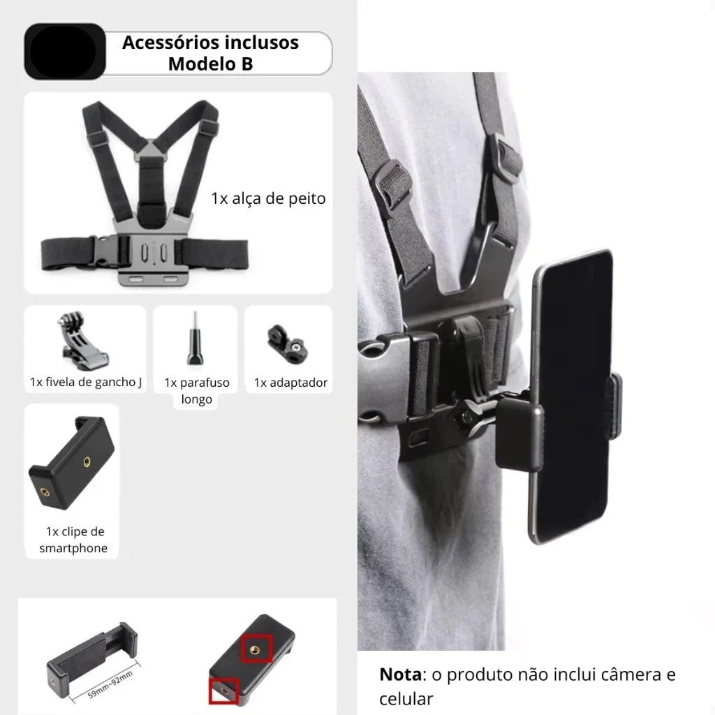 Suporte de peito ajustável para telefones celulares e câmeras GoPro