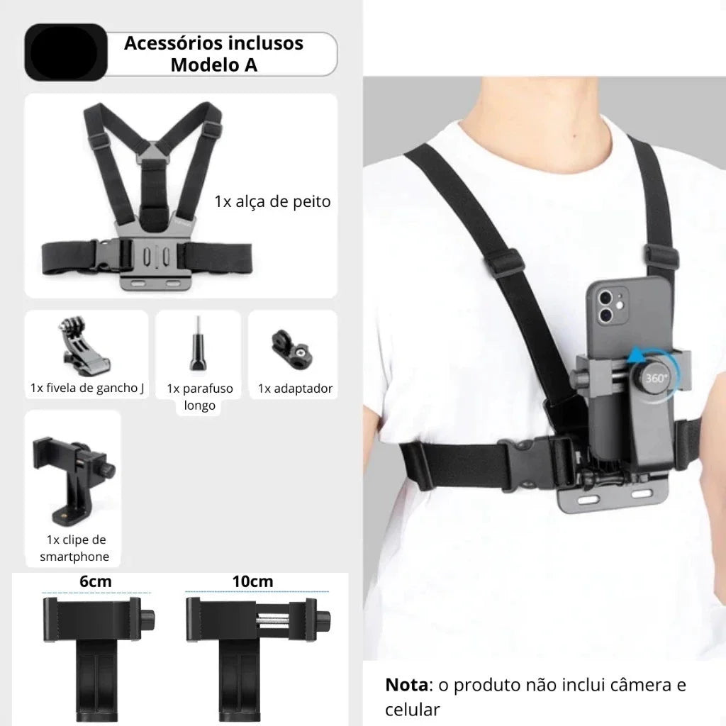 Suporte de peito ajustável para telefones celulares e câmeras GoPro