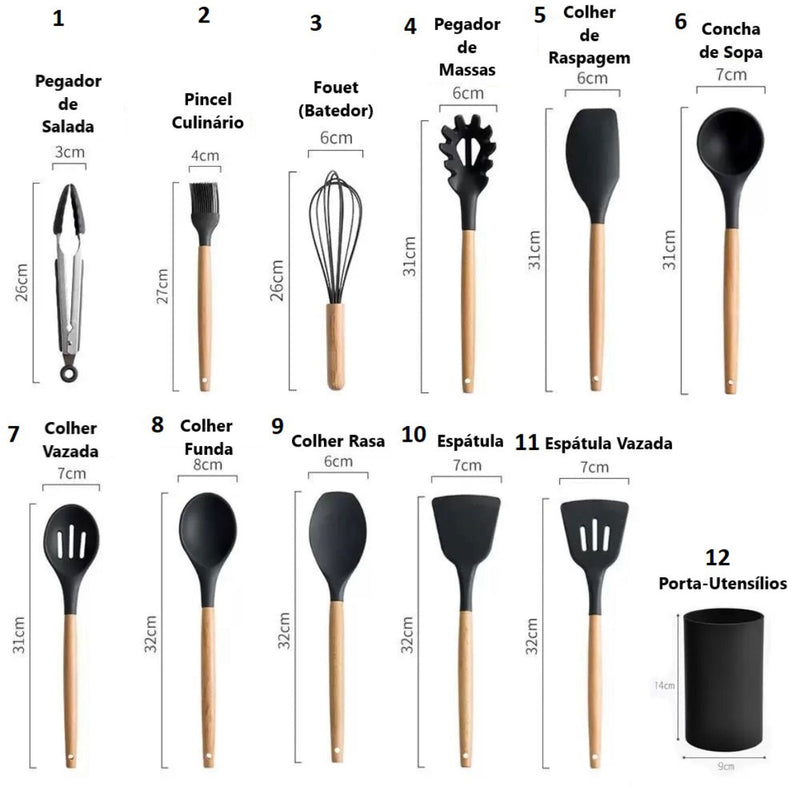 ￼Jogo Kit C/12 Peças Utensílios De Cozinha Colheres Espatula Silicone Cabo Madeira Decoração Livre BPA