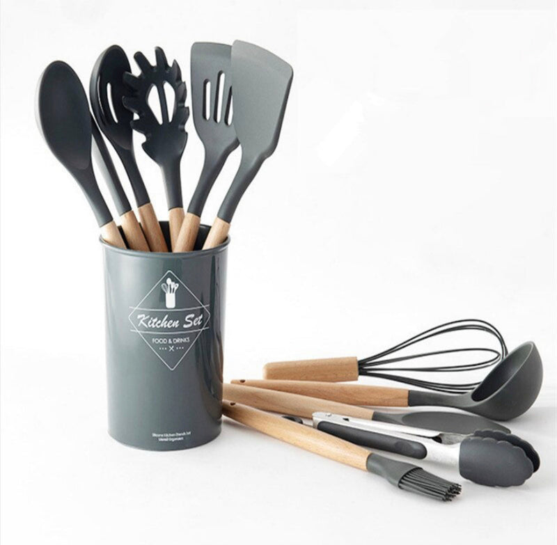 ￼Jogo Kit C/12 Peças Utensílios De Cozinha Colheres Espatula Silicone Cabo Madeira Decoração Livre BPA