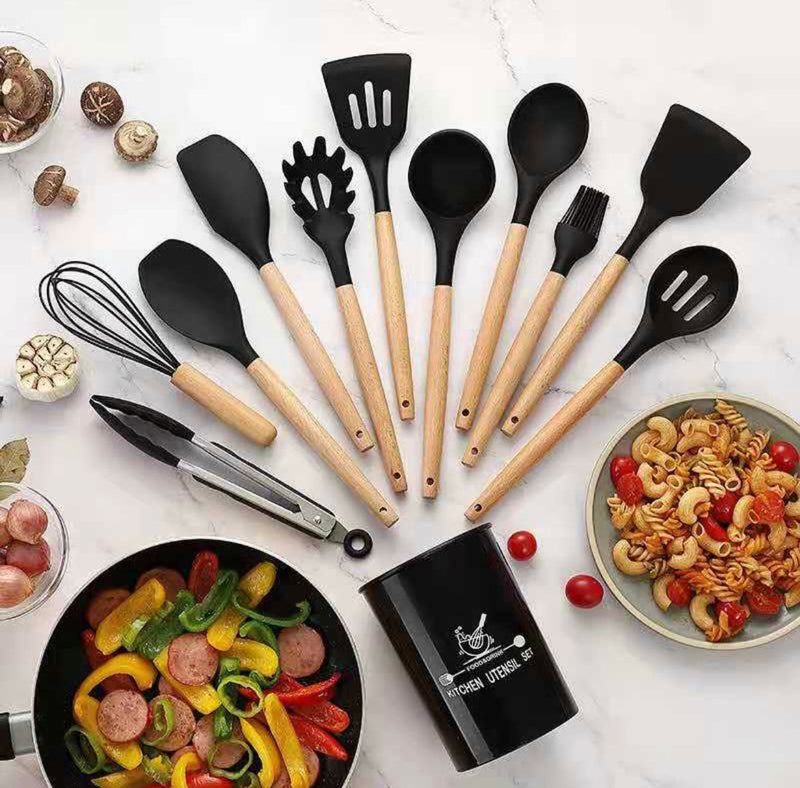 ￼Jogo Kit C/12 Peças Utensílios De Cozinha Colheres Espatula Silicone Cabo Madeira Decoração Livre BPA