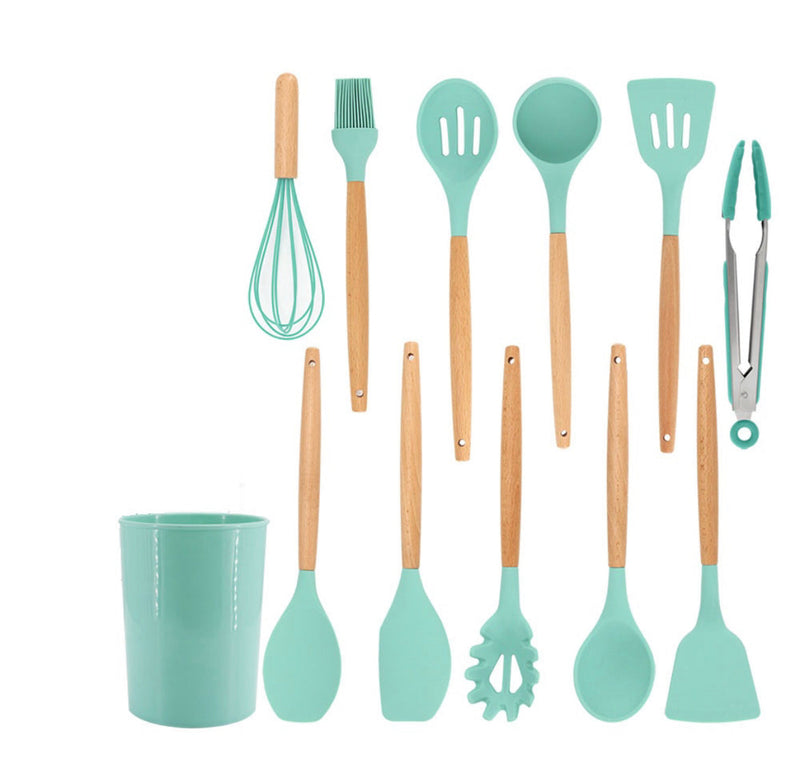 ￼Jogo Kit C/12 Peças Utensílios De Cozinha Colheres Espatula Silicone Cabo Madeira Decoração Livre BPA