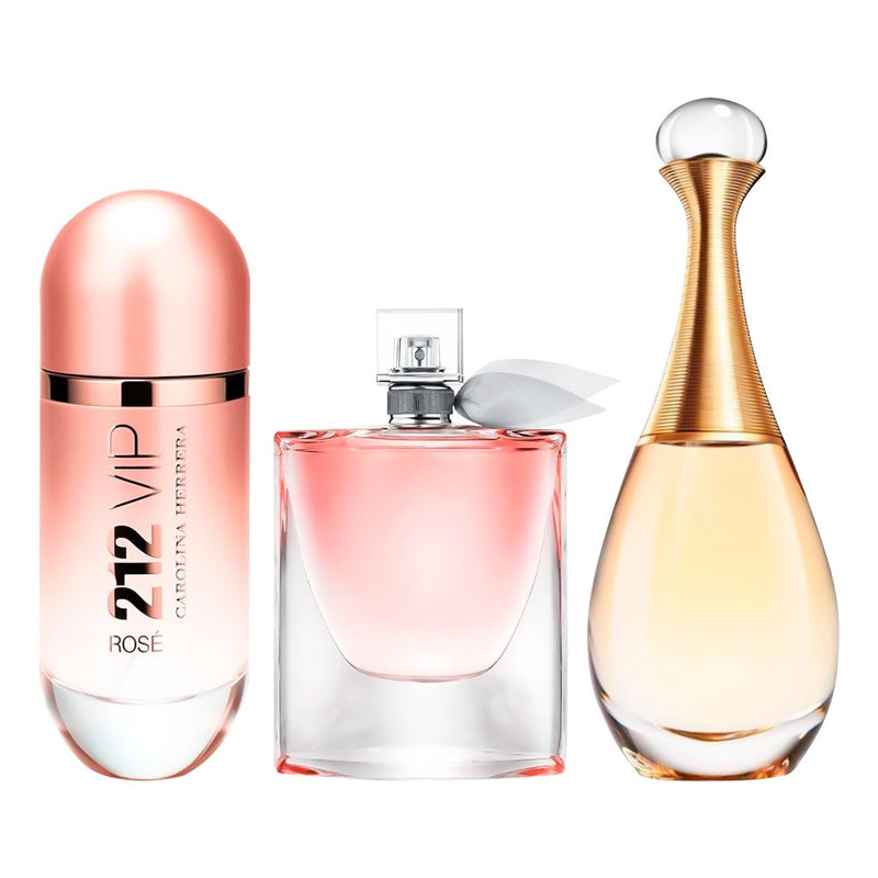 Combo de 3 Perfumes Femininos  - La Vie est Belle, 212 VIP Rosé e Jadore