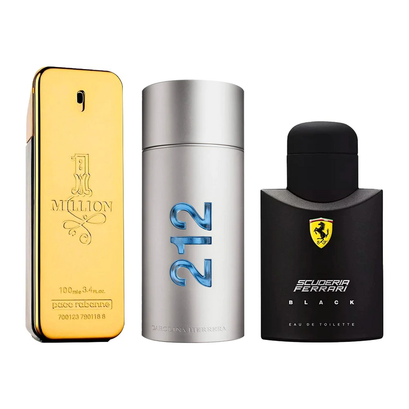 Combo de 3 Perfumes Masculinos - Ferrari Black, 212 MEN e 1 Million